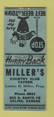 Matchbook Cover - Miller's Country Club Tavern Salina KS BOBTAIL