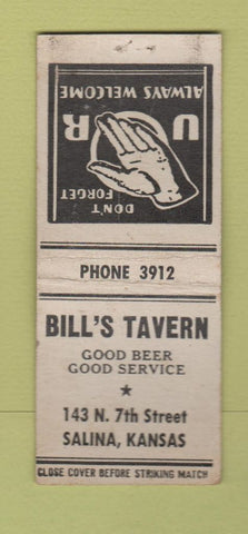 Matchbook Cover - Bill's Tavern Salina KS BOBTAIL WEAR
