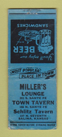 Matchbook Cover - Miller's Lounge Schlitz Tavern Salina KS BOBTAIL