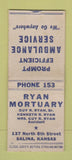 Matchbook Cover - Ryan Mortuary Salina KS BOBTAIL