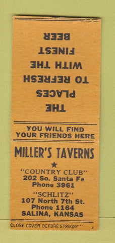Matchbook Cover - Miller's Taverns Country Club Salina KS BOBTAIL
