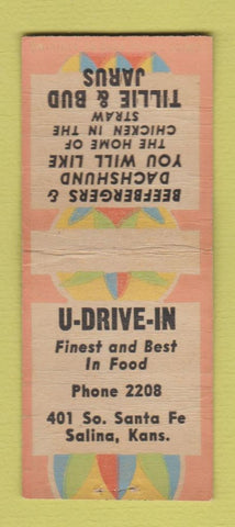 Matchbook Cover - U Drive In Tillie & Bud Jarus Salina KS BOBTAIL WEAR