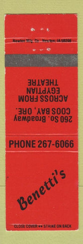 Matchbook Cover - Benetti's Coos Bay OR