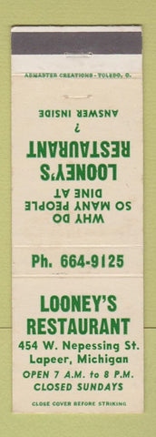 Matchbook Cover - Looney's Restaurant Lapeer MI