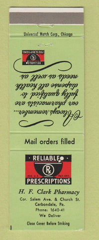 Matchbook Cover - HF Clark Pharmacy Drug Carbondale PA