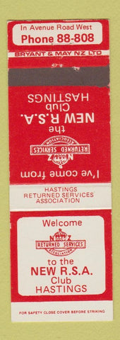 Matchbook Cover - Returned Services Association Club Hastings New Zealand