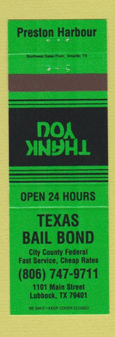 Matchbook Cover - Texas Bail Bond Lubbock TX