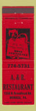 Matchbook Cover - A&R Restaurant Monaca PA