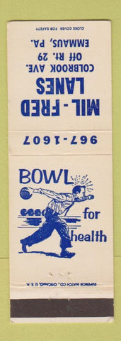 Matchbook Cover - Mil Fred Bowling Lanes Emmaus PA