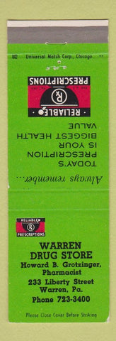 Matchbook Cover - Warren Drug Store Warren PA