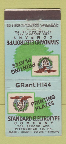 Matchbook Cover - Standard Electrotype Pittsburgh PA Printing Plates 30 Stick