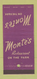 Matchbook Cover - Monte's on the Park Restaurant New York City 30 Stick