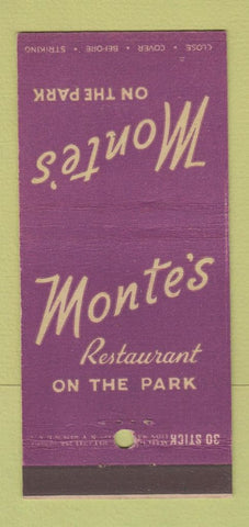 Matchbook Cover - Monte's on the Park Restaurant New York City 30 Stick