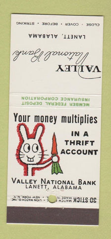 Matchbook Cover - Valley National Bank Lanett AL rabbit 30 Stick