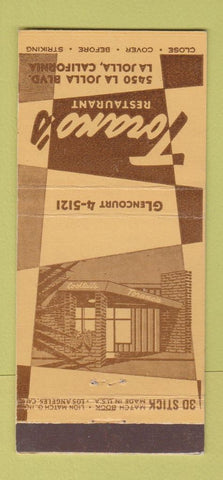 Matchbook Cover - Torano's Restaurant La Jolla CA 30 Stick