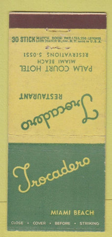 Matchbook Cover - Trocadero Miami Beach FL Palm Court Hotel 30 Stick