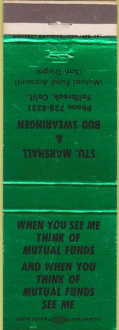 Matchbook Cover - Stu Marshall Bud Swearingen Fallbrook CA Mutual Funds green