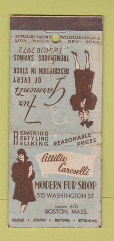 Matchbook Cover - Modern Fur Shop Boston MA girlie WORN 21 Strike Feature