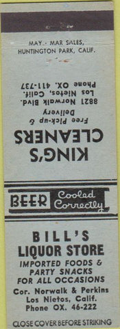 Matchbook Cover - Bill's Liquor Los Nietos CA King's Cleaners