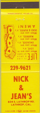 Matchbook Cover - Nick  and  Jean's Lathrop CA