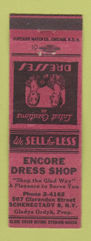 Matchbook Cover - Encore Dress Shop Schenectady NY  RED