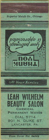 Matchbook Cover - Leah Wilhelm Beauty Salon Lancaster PA deco girlie back green