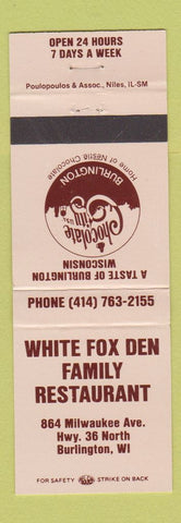 Matchbook Cover - White Fox Den Family Restaurant Burlington WI