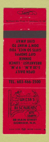 Matchbook Cover - Welsh's Restaurant Gorham NH