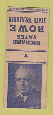 Matchbook Cover - Richard Yates Rowe State Treasurer election IL BOBTAIL WEAR