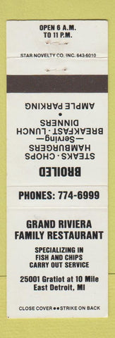 Matchbook Cover - Grand Riviera Family Restaurant East Detroit MI