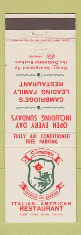 Matchbook Cover - Simeones Restaurant Ialian Cambridge MA