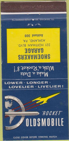 Matchbook Cover - Oldsmobile Rocket Shoemakers Ashland PA 30 Strike