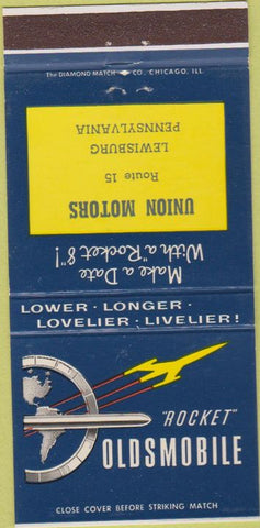 Matchbook Cover - Oldsmobile Rocket Union Motors Lewisburg PA 30 Strike