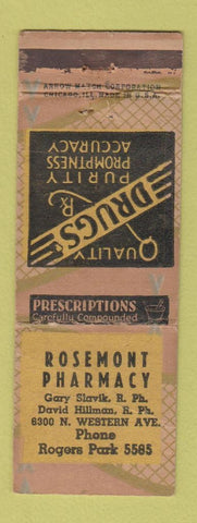 Matchbook Cover - Rosemont Pharmacy Drug Store Rogers Park IL Chicago ARROW WORN
