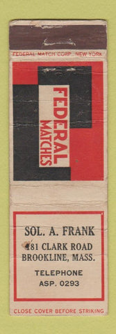 Matchbook Cover - Sol Frank Federal Matches LONG Brookline MA WORN