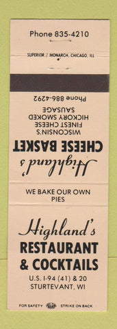 Matchbook Cover - Highland's Cheese Basket Restaurant Sturtevant WI