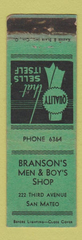 Matchbook Cover - Branson's Men's Shop San Mateo CA WORN