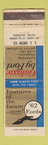Matchbook Cover - 1962 Ford Galaxie LJ Snow Colton CA WORN