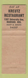 Matchbook Cover - Kreutz Restaurant Madison WI