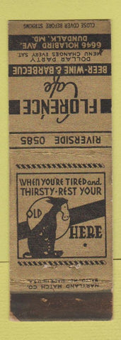 Matchbook Cover - Florence Cafe Dundalk MD WORN