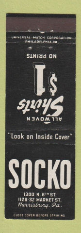 Matchbook Cover - Socko Men's Clothes Harrisburg PA