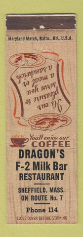 Matchbook Cover - Dragon's F2 Milke Bar Sheffield MA WEAR