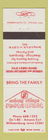 Matchbook Cover - Colony Village Restaurant Williamsburg IA