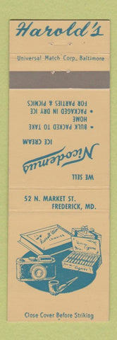 Matchbook Cover - Nicodemus Ice Cream Frederick MD Harold's Tobacco