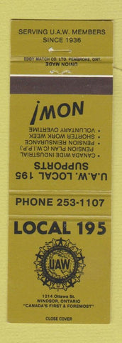 Matchbook Cover - UAW Union 195 Windsor ON