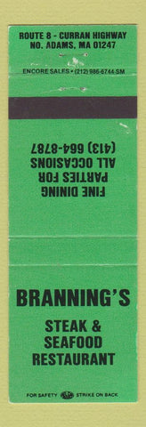 Matchbook Cover - Branning's Steak Seafood North Adams MA