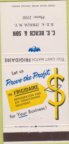 Matchbook Cover - CE Beach  and  Son Ithaca NY Frigidaire refrigerator 30 Strike