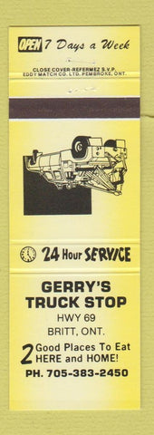 Matchbook Cover - Gerry's Truck Stop Britt ON YELLOW