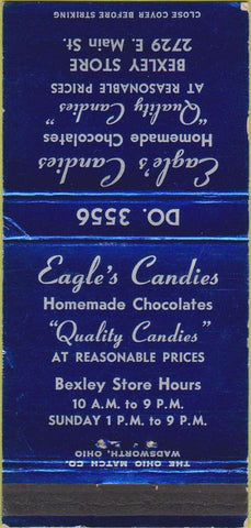 Matchbook Cover - Eagle's Candies Chocolates Bexley OH Charley Eagle 30 Strike