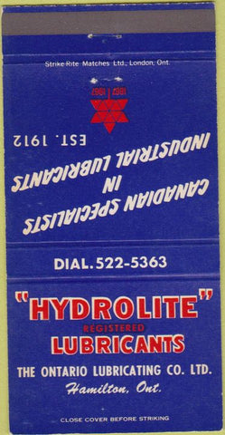 Matchbook Cover - Hydrolite Lubricants oil gas Hamilton ON 30 Strike